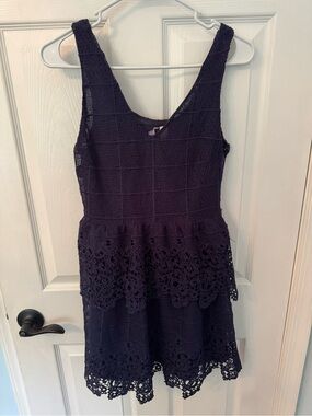 Alya Navy Blue Lace Tiered Midi Dress